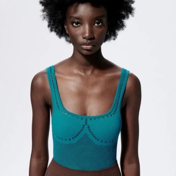 Zara M/L Teal Blue Perforated Seamless Contour Collection Bodysuit Crochet Knit - Picture 14 of 14